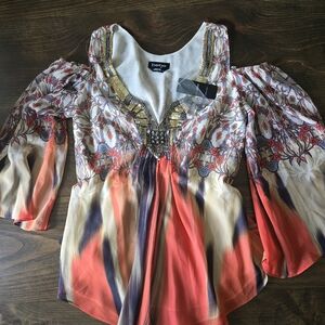 Colorful Bohemian Blouse with Embellished Neckline
